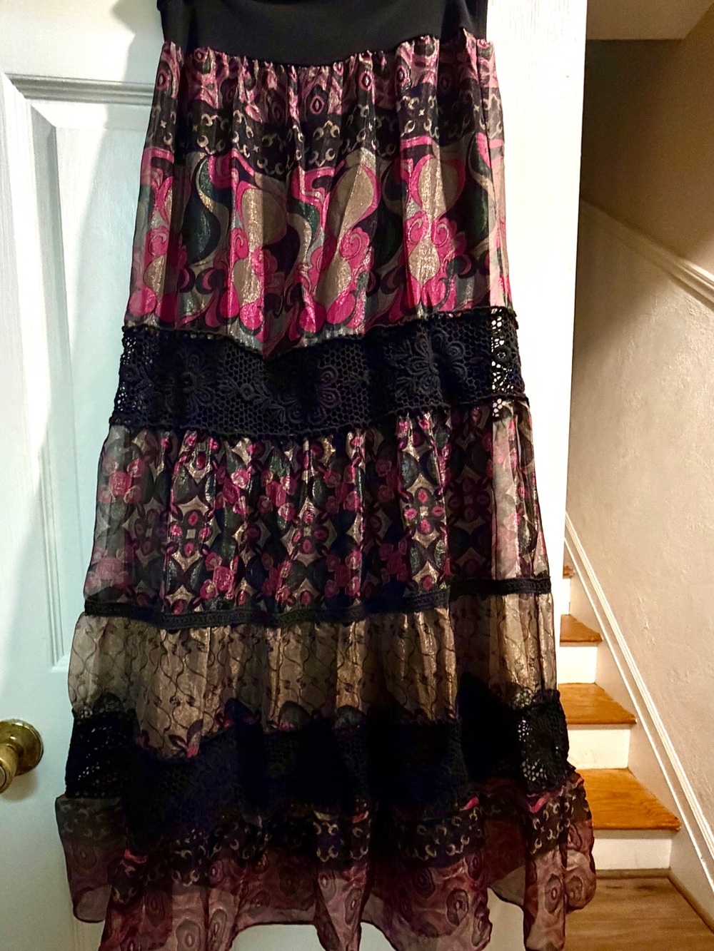 Bisou Bisou Pink and Black Tiered Maxi Skirt with Lace Inserts